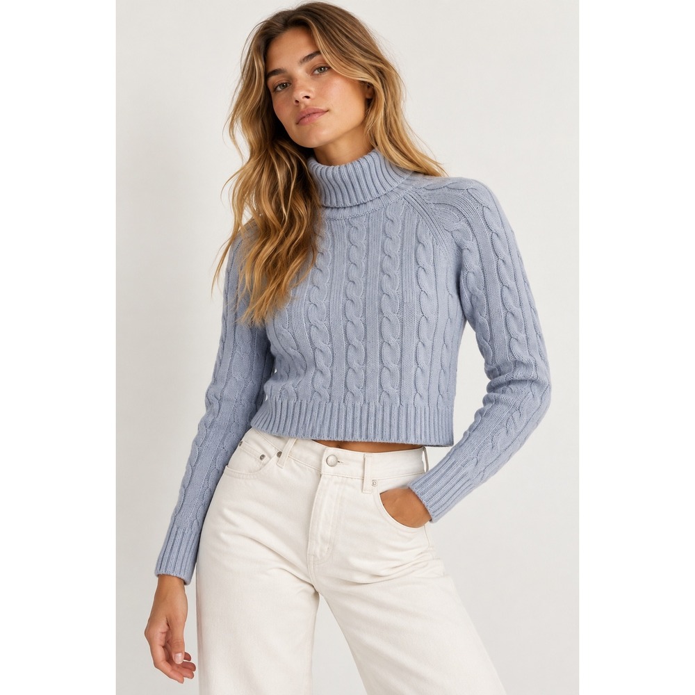 Sunday Best Aritzia Blue Cable Knit Cropped Turtleneck Merino Wool Sweater Small